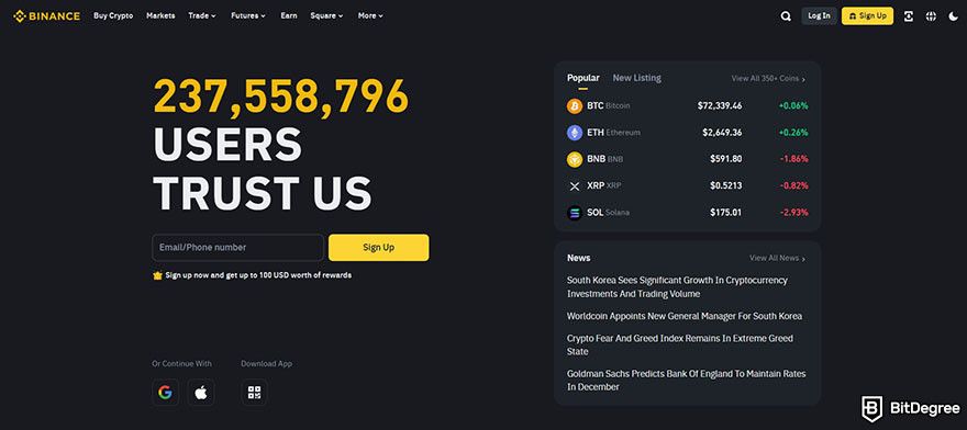 Gemini fees: Binance homepage.