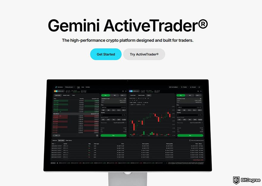 Gemini fees: the landing page for Gemini ActiveTrader.