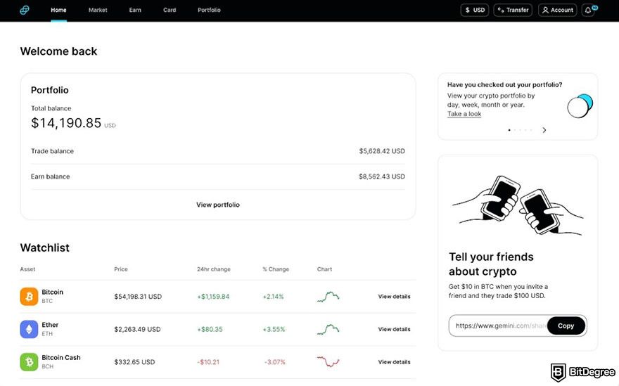 Gemini fees: the interface for Gemini's basic web exchange.