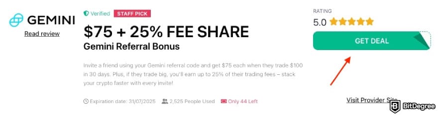 Gemini promo code: a red arrow pointing to the [GET DEAL] button on BitDegree's page.