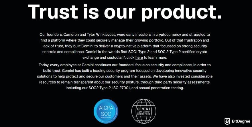 Gemini vs Binance: Gemini security and compliance.
