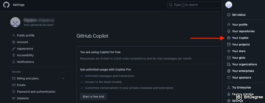 GitHub Copilot discount: a red arrow pointing to the Your Copilot setting.