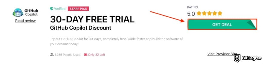 GitHub Copilot discount: a red arrow pointing to the GET DEAL button.