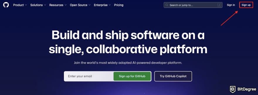 GitHub Copilot discount: a red arrow pointing to the Sign up button.