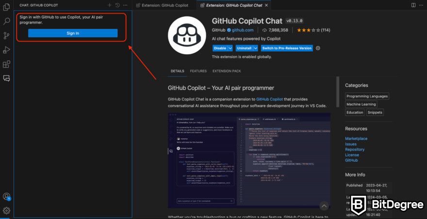 GitHub Copilot review: sign into GitHub account.