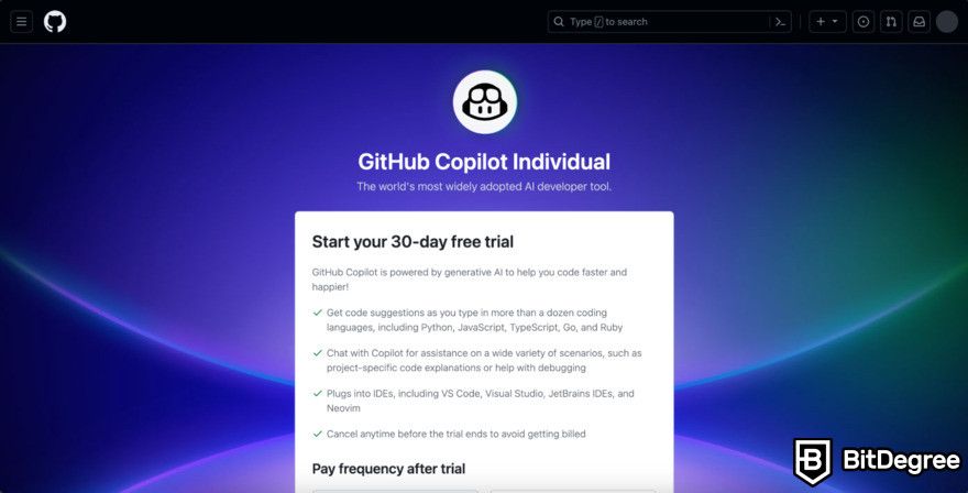 GitHub Copilot review: free trial page.