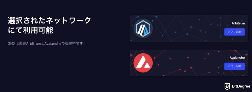GMXの評判・口コミ: GMXのホームページの一部で、利用可能なネットワークとしてArbitrumとAvalancheを表示