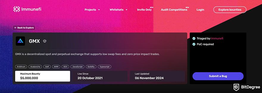 GMX review: the page for GMX's bug bounty on Immunefi.
