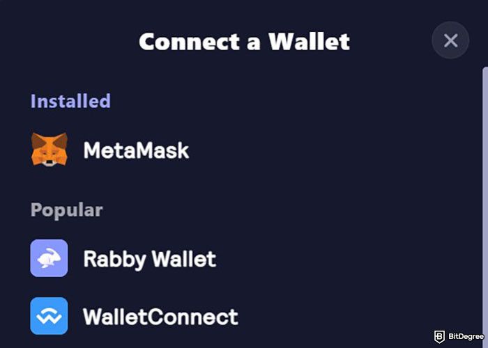 GMX review: a list of supported wallet options on GMX.