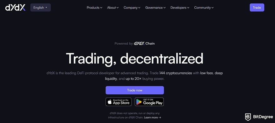 GMX review: dYdX homepage.