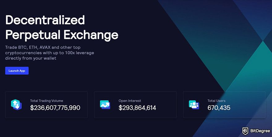 GMX review: a part of GMX's homepage showing the platform's total trading volume, open interest, and total users.