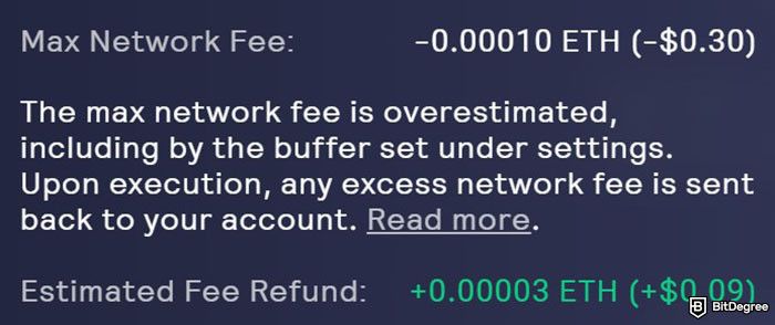 GMX review: a popup message explaining the network fees on GMX V2.