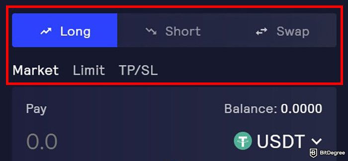 GMX review: a part of GMX trading interface with the trade order type options highlighted.