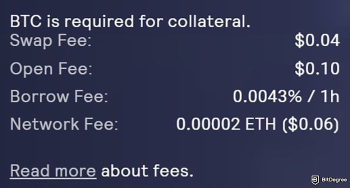 GMX review: an example of fee details on GMX V1.