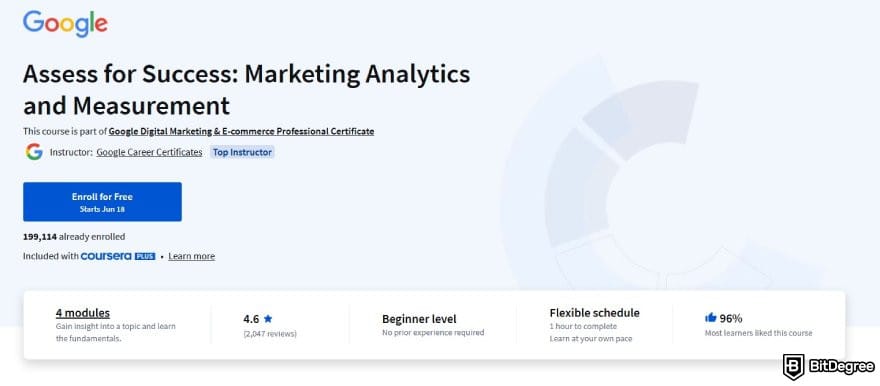 Google Analytics 4 courses: the course page for Assess for Success Marketing Analytics and Measurement course on Coursera.