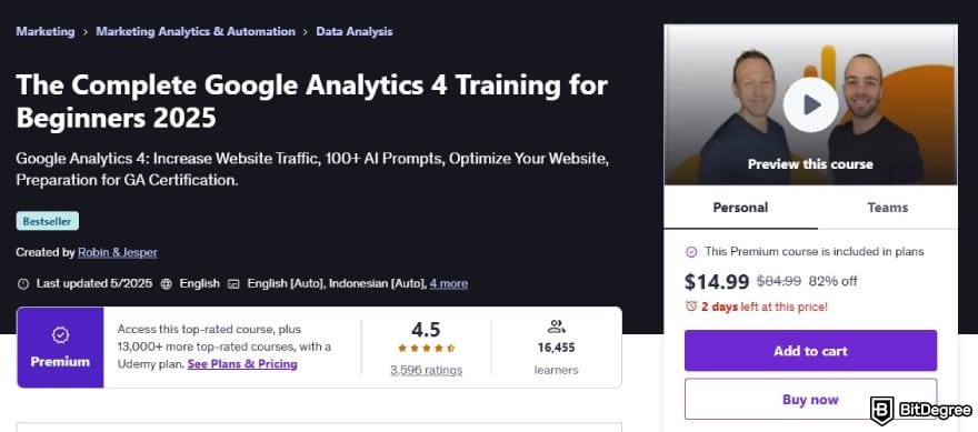 Google Analytics 4 courses: the page of Complete Google Analytics 4 Training on Udemy.