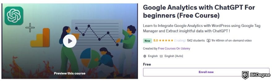 Google Analytics 4 courses: the page of Google Analytics with ChatGPT course on Udemy.