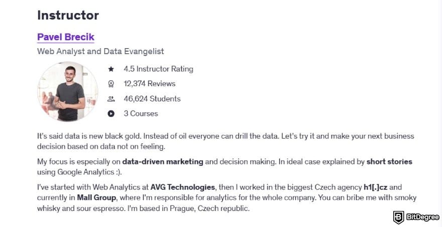 Google Analytics 4 courses: the profile of Pavel Brecik as instructors at Udemy.
