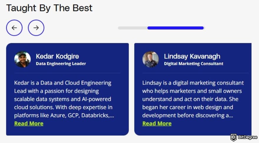 Google Analytics 4 courses: the profiles of Kedar Kodgire and Lindsay Kavanagh as instructors at Udacity.