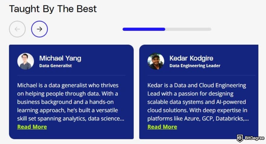 Google Analytics 4 courses: the profiles of Michael Yang and Kedar Kodgire as instructors at Udacity.