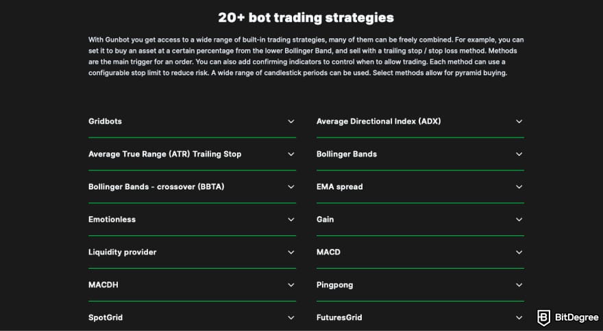 Gunbot Review: a screenshot of Gunbot's trading strategies list.
