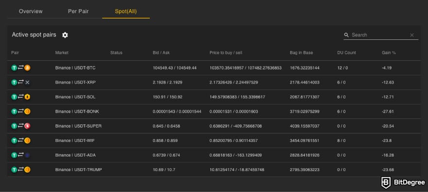 Gunbot Review: a screenshot of Gunbot's trading pairs panel.