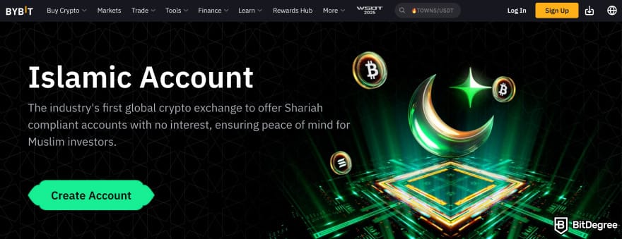 Halal crypto list: Bybit Islamic Account homepage showing [Create Account] button.