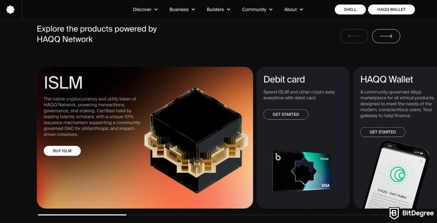 Halal crypto list: HAQQ Network homepage showing ISLM and other products.