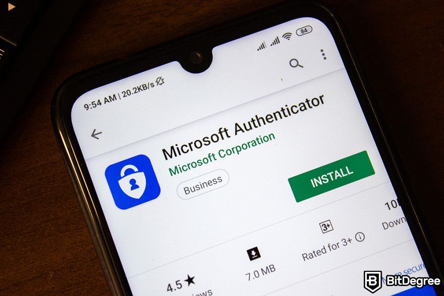 Hard token vs soft token: a mobile phone displaying the page for Microsoft Authenticator on Google Play.