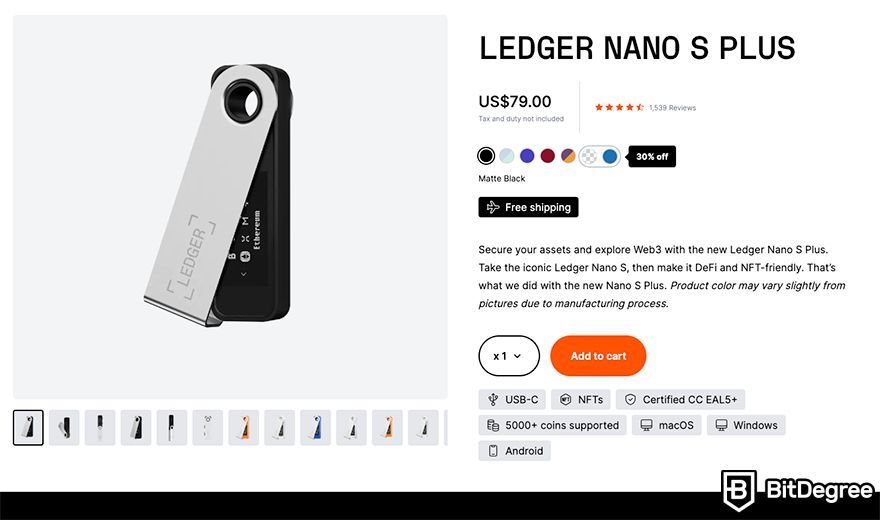 Hardware crypto wallet: Ledger Nano S Plus.