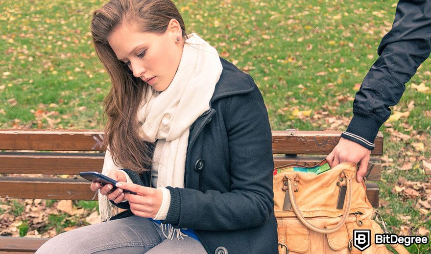 Hardware token: a thief stealthily reaching into a woman's handbag while she is distracted on her phone.