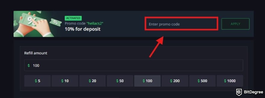 Hellcase promo code: the promo code field on the Refill page on Hellcase.