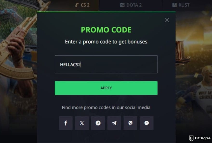 Hellcase promo code: the promo code popup window on Hellcase.