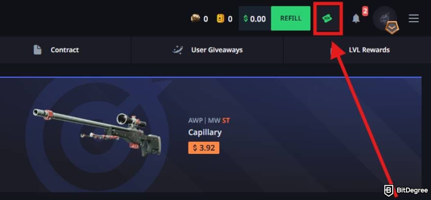 Hellcase promo code: the coupon button on Hellcase's homepage.