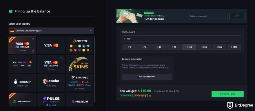 Hellcase promo code: the deposit page on Hellcase.