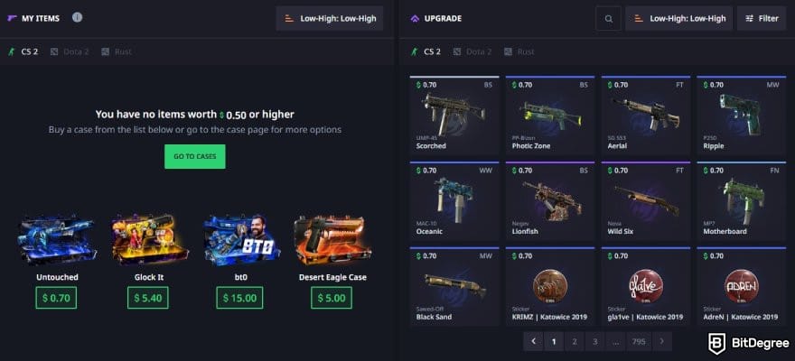 Hellcase promo code: the item upgrade page on Hellcase.