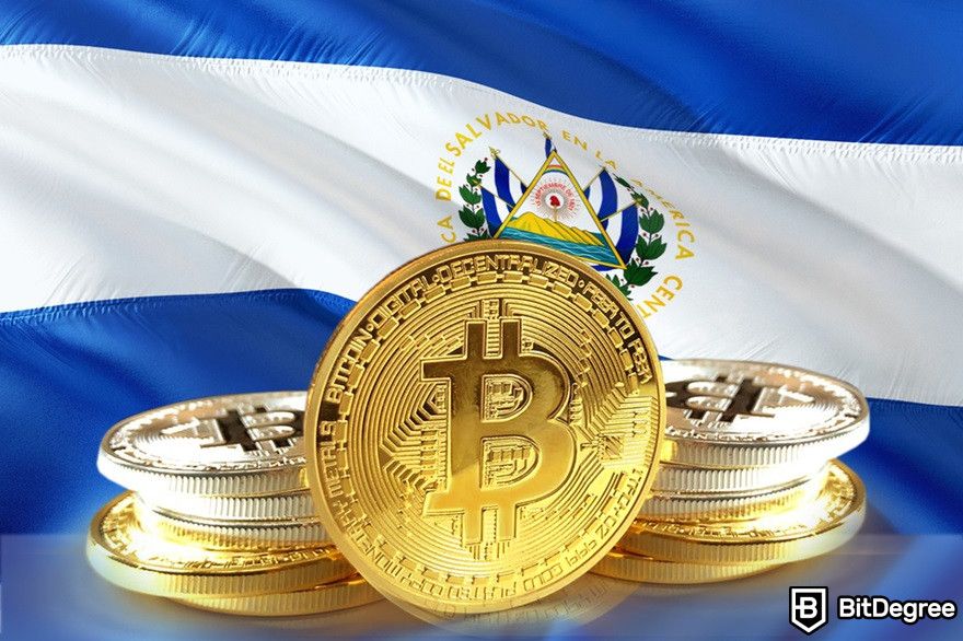 History of cryptocurrency: A Bitcoin coin with an El Salvador flag on the background.