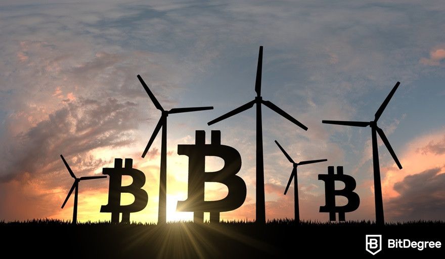 History of cryptocurrency: Bitcoin logos alongside wind turbines.