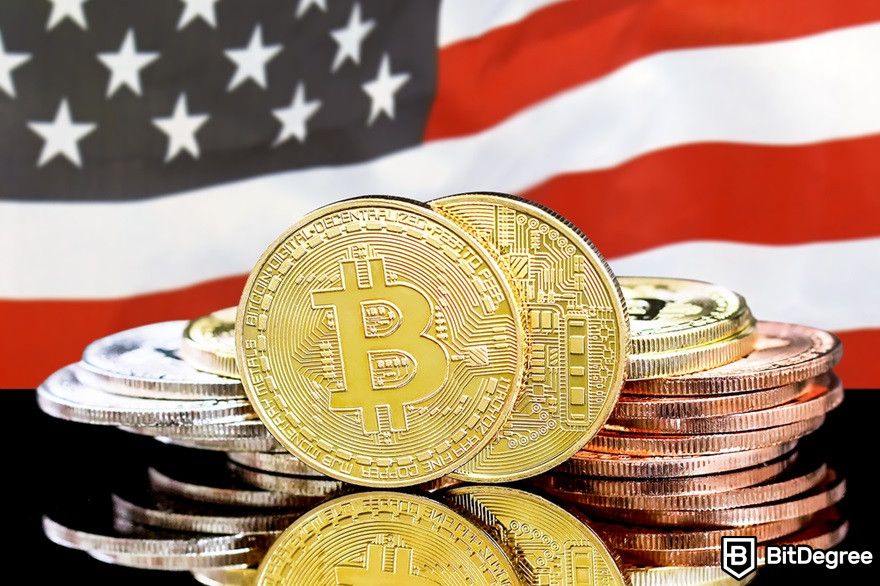 History of cryptocurrency: Bitcoin on an American flag background.