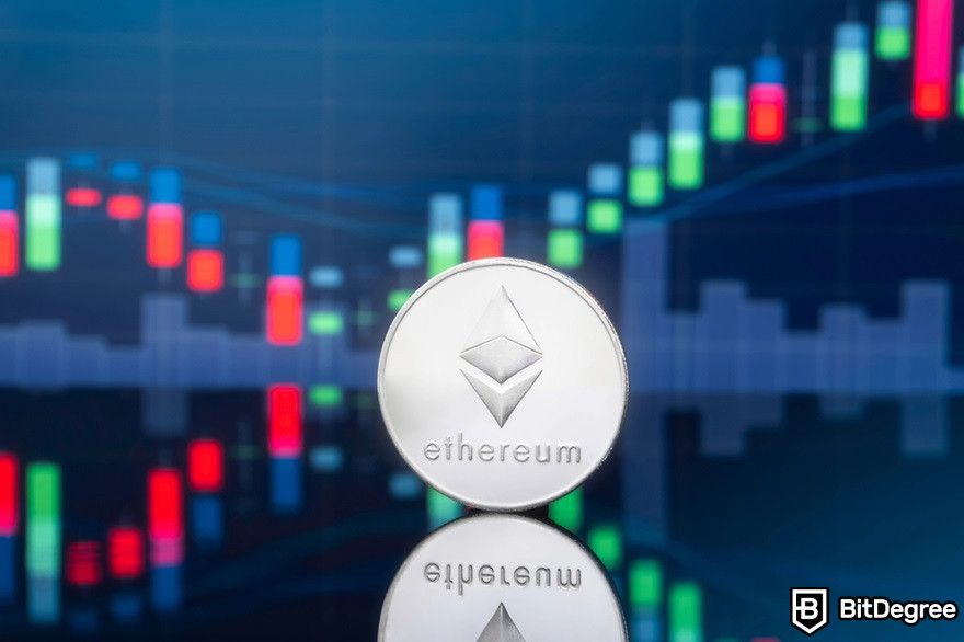 Lịch sử tiền điện tử: Một đồng tiền Ethereum bằng kim loại vật lý có nền tảng là thị trường trao đổi giao dịch toàn cầu.