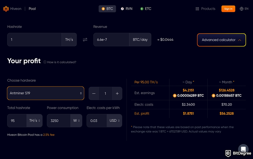 Hiveon Pool review: a preview of the Bitcoin advanced mining calculator on Hiveon.