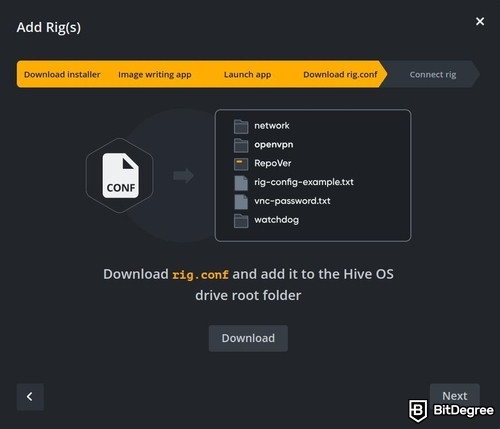 Hiveon Pool review: a pop-up window showing a step to download the rig.conf file.