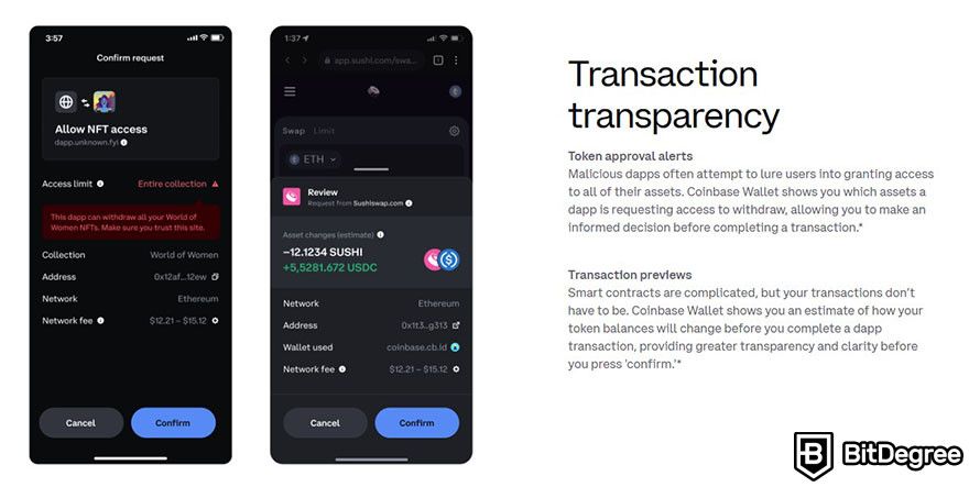 Hot wallet vs cold wallet: the banner for transaction transparency for Coinbase Wallet on Coinbase's website.