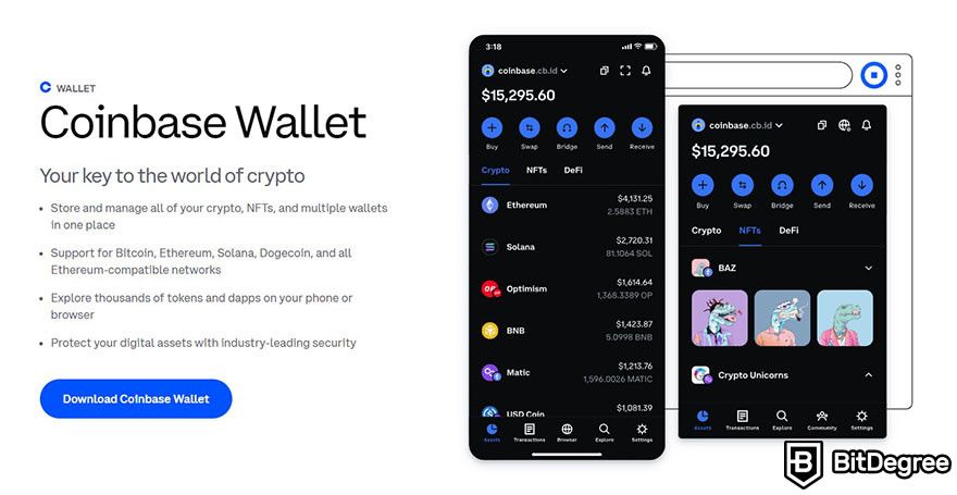 Hot wallet vs cold wallet: the landing page for Coinbase Wallet.