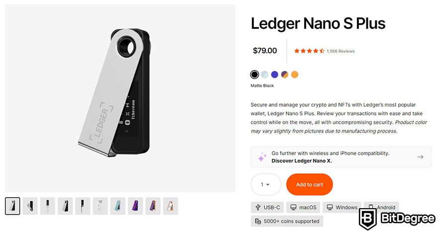 Hot wallet vs cold wallet: the product page for Ledger Nano S Plus.