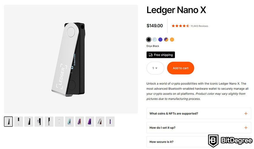 Ví nóng và ví lạnh: trang sản phẩm của Ledger Nano X.