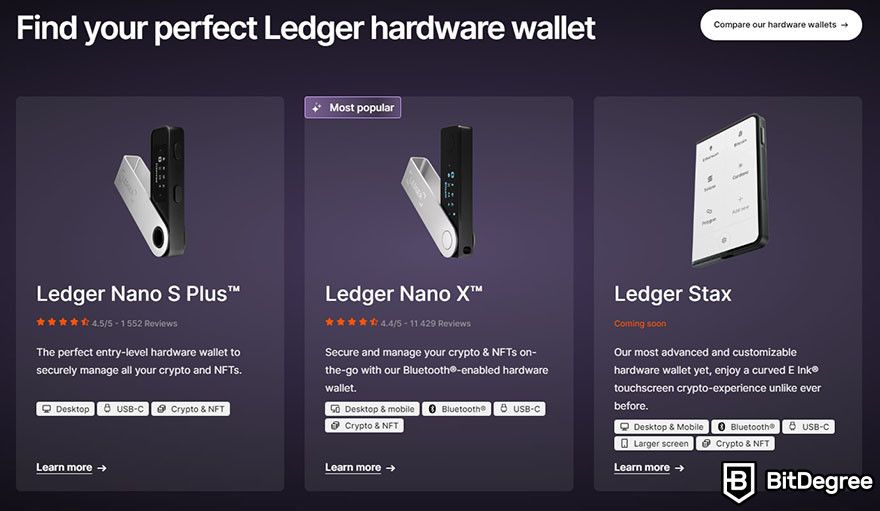 Ví nóng và ví lạnh: biểu ngữ cho các sản phẩm ví phần cứng của Ledger trên trang web của Ledger.