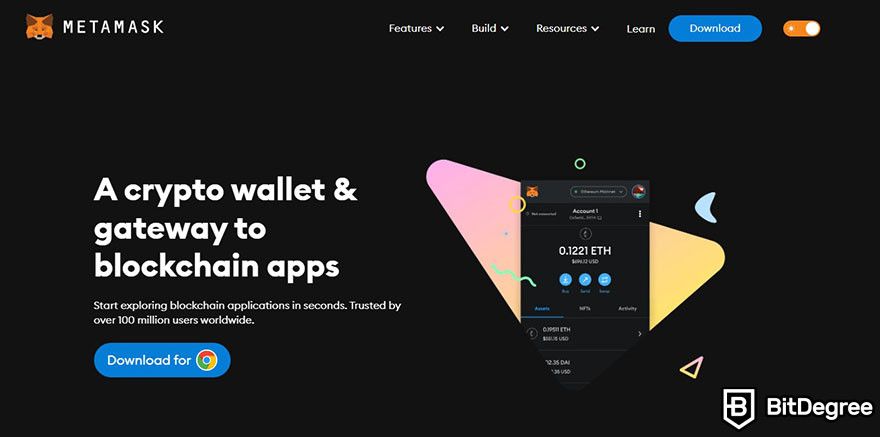 Hot wallet vs cold wallet: MetaMask homepage.