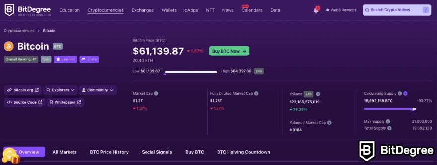 How does cryptocurrency gain value: Bitcoin stats on the BitDegree crypto tracker.