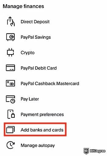 How to add money to PayPal: the [Add banks and cards] menu on PayPal.